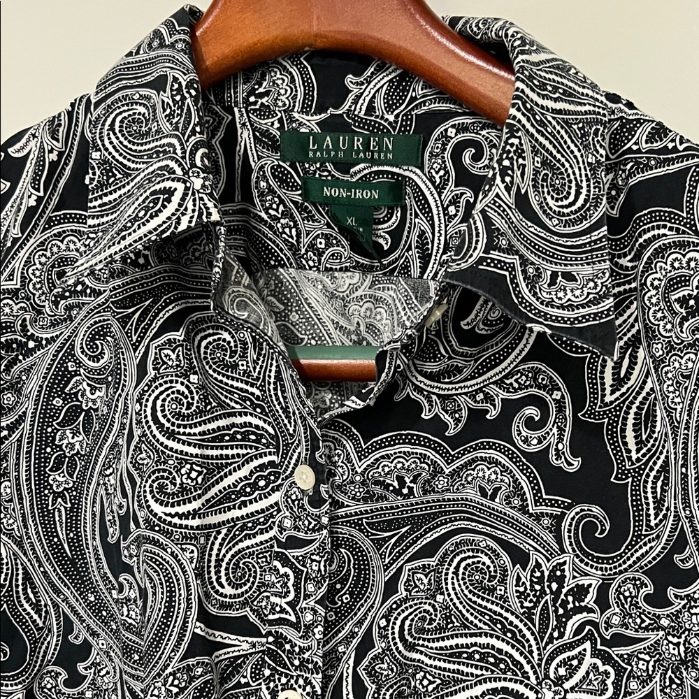 Ralph Lauren Black and White Paisley Button Down Shirt Sz XL - Picture 2 of 9